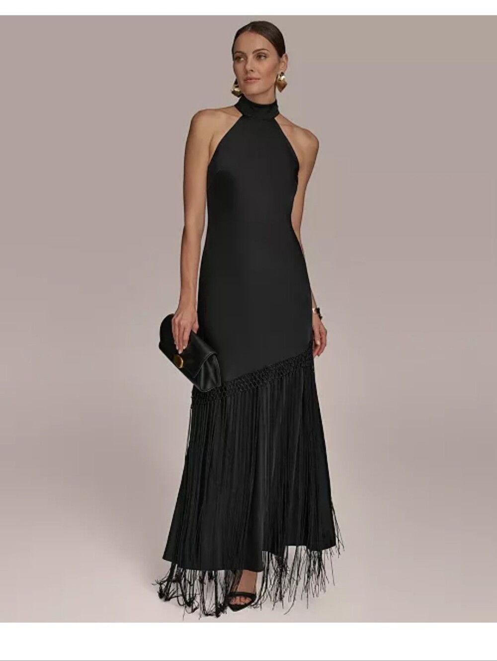 Donna Karan Black Halter Fringe Gown
